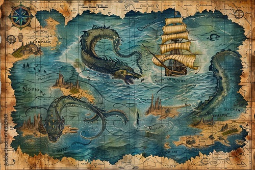A vintage sea map with ship and monster