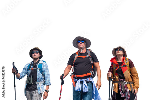 Принти на полотні Tourists with backpacks hike on rocky of top mountain trekking is adventure acti