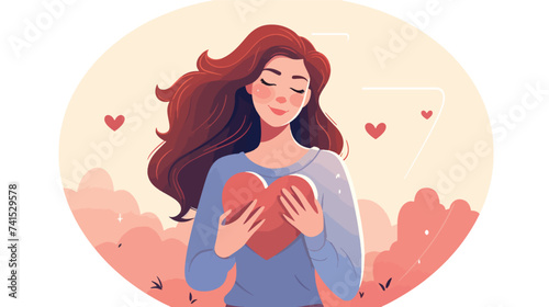 Woman with hand on kind heart feeling self love 
