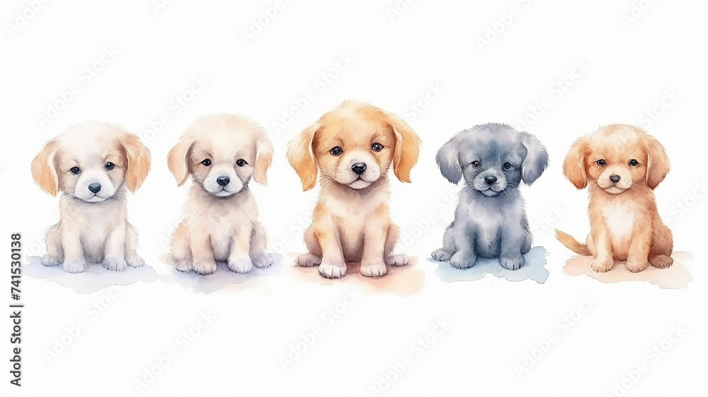 a group of cute watercolor puppies on a white background.