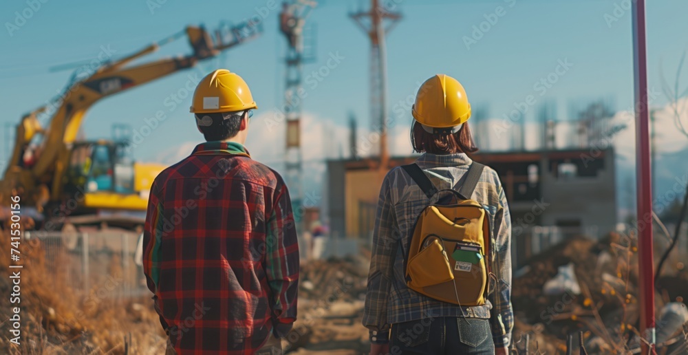 Fototapeta premium A couple, wearing yellow hard hats, stands at a house construction site, observing the progress of their new home being built