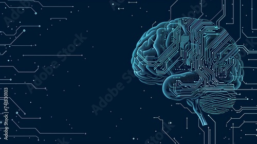 Obraz na płótnie Digital brain background with space for text. Circuit board brains, AI and technology concept, blue neural connection lines and glowing dots w salonie