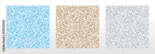 Wallpapers in the style of Baroque. Seamless vector backgrounds. Set of colored floral ornaments. Graphic patterns for fabric, wallpaper, packaging. Ornate Damask flower ornaments