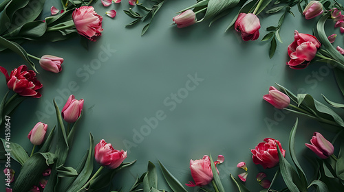 tulips frame flat lay on green paper, space for text. Happy mother's day. International women's day.