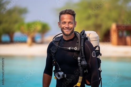 Portrait of a happy young man with scuba gear standing on the beach © Nerea