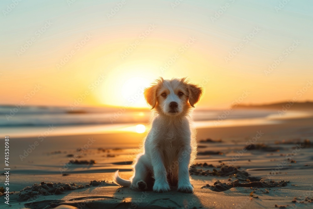 A majestic dog of a rare breed, peacefully sits on the sandy beach as the sun sets behind the tranquil waters, a perfect moment to capture the beauty of nature and the bond between man and his loyal 