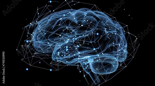 Circuit board brains, Abstract glowing colorful digital brain, AI and technology concept, blue neural connection lines and glowing dots, black background.