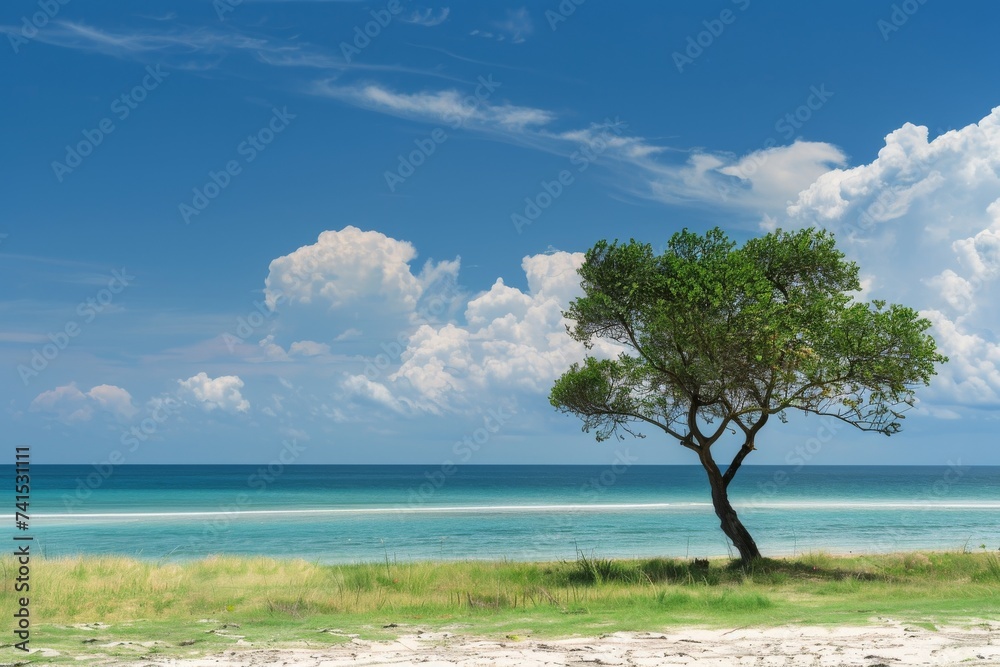 A solitary tree stands tall against the azure sky, its roots anchored in the golden sands of a tropical beach, a serene symbol of resilience in the face of nature's ever-changing elements A solitary tree stands tall against the azure sky, its roots anchored in the golden sands of a tropical beach, a serene symbol of resilience in the face of nature's ever-changing elements
