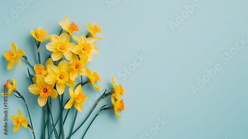 Beautiful fresh yellow daffodil flowers in full bloom on light blue background, close up. Space for text. Spring blossoms. Mother's day. Top view, flat lay.
