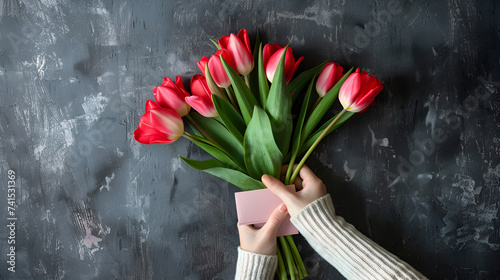 hand holds a large bouquet of tulips on a black background
