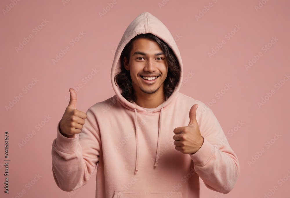 A young man in a pink hoodie with a friendly smile giving a thumbs up. Studio shot with a pink background. A young man in a pink hoodie with a friendly smile giving a thumbs up. Studio shot with a pink background.