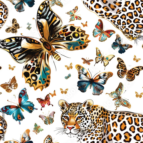 Butterfly and leopard motifs combined pattern. St
