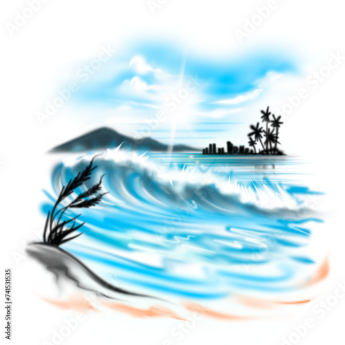 airbrush vintage tropical palm paradise beach island scene with purplish sky on sunset and big wave for surfing, you can add text for your header or footer design or background poster