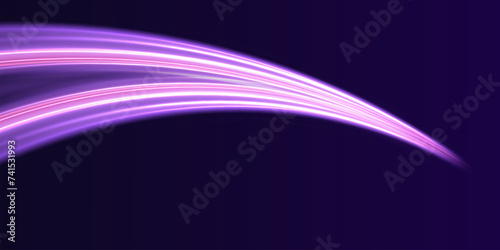 Neon stripes in the form of drill, turns and swirl. Illustration of high speed concept. Image of speed motion on the road. Abstract background in blue and purple neon glow colors.