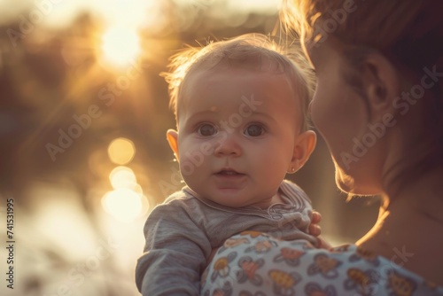 A nurturing mother cradles her precious child, their cheeks pressed together in a tender portrait of love and innocence amidst the natural beauty of the great outdoors photo