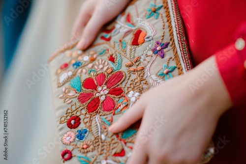 detailed embroidery on a womans clutch bag