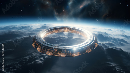 Futuristic space station. Science fiction scene. 3D rendering