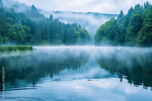 A tranquil morning in the misty lake district, where fog envelops the towering trees and a serene lake reflects the cloudy sky, creating a natural landscape filled with peacefulness and beauty photo