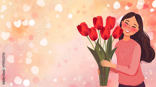 hand holding beautiful fresh pink and yellow tulips bouquet on light pink background.