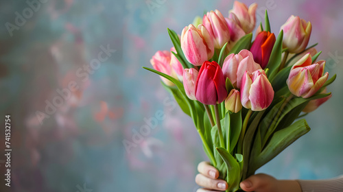hand holding beautiful fresh pink and yellow tulips bouquet on light blue background.