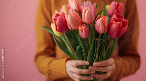 hand holding beautiful fresh pink and yellow tulips bouquet on light pink background.