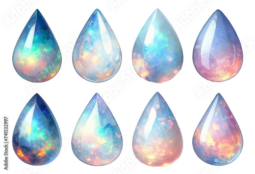 Teardrop-shaped opal rhinestone watercolor illustration material set