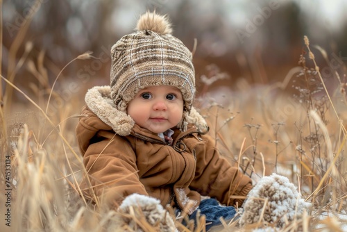 A young boy, bundled up in winter clothing and wearing a cozy bonnet, sits contently in the grass of a beautiful outdoor field, his innocent face full of wonder and curiosity