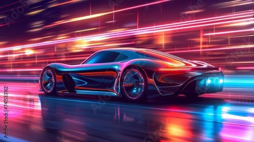 Vibrant concept sports car speeding with dynamic light trails on a futuristic city highway at night. © Sodapeaw