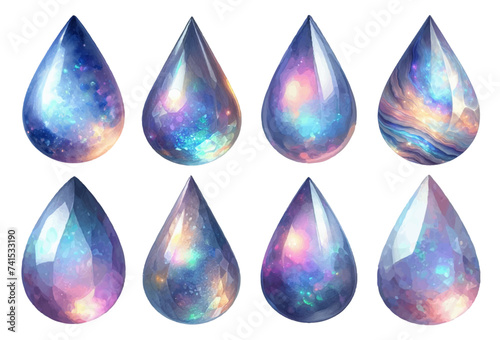 Teardrop-shaped opal rhinestone watercolor illustration material set