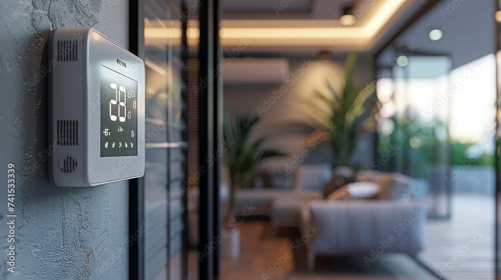 A modern smart thermostat is mounted on a wall, displaying temperature and settings, with a stylish home interior in the background. A modern smart thermostat is mounted on a wall, displaying temperature and settings, with a stylish home interior in the background.