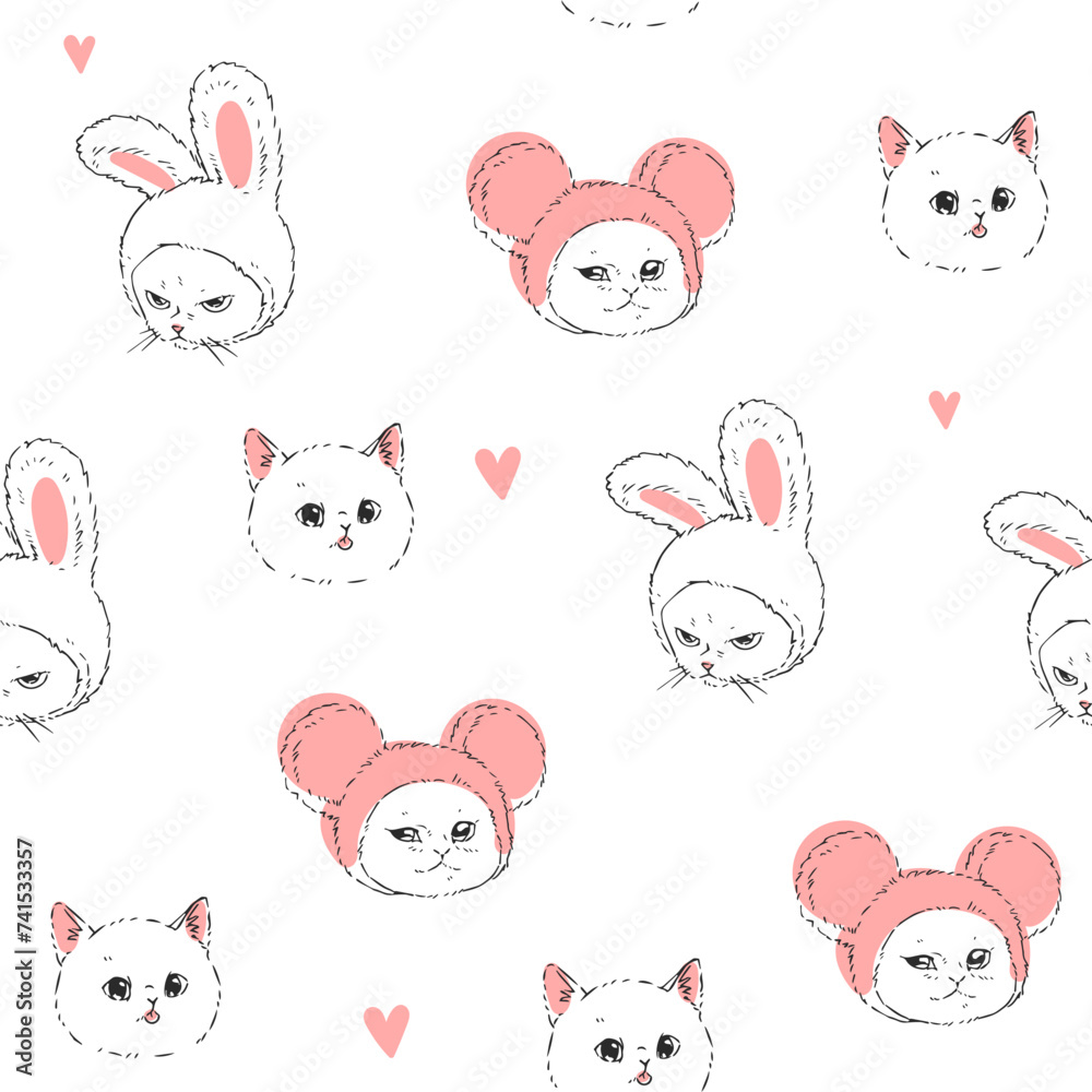 Vector seamless pattern with funny cat faces isolated on white. Hand-drawn texture with cute kittens for textile or wrapping design