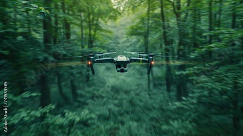 A high-tech drone with red navigation lights flies through a dense forest, showcasing advanced maneuvering among nature's obstacles.
