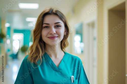A radiant smile graces the face of a woman in blue scrubs, standing confidently against a plain wall, her raised eyebrow adding a touch of intrigue to her portrait