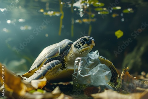 Turtle Hiding Behind Plastic Bag A Sign of Ocean Pollution photo