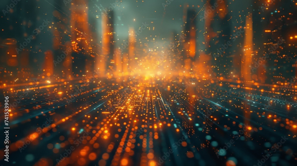Vibrant digital particle grid with warm orange glow, representing data transfer, network connections, and technological activity.
