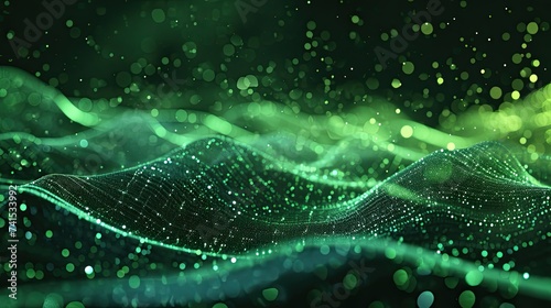 A low-poly shape with connecting green dots and lines on a dark background. Visualization of big data. Abstract futuristic illustration in the field of information technology