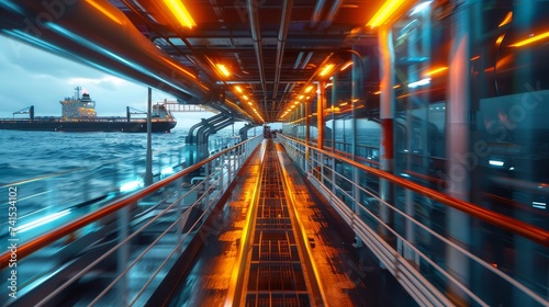 An offshore platform's illuminated walkway during twilight, with a cargo ship in the background, showcasing industrial maritime operations.