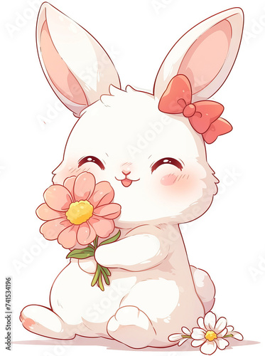 Cute rabbit holding flower isolated on transparent background. PNG