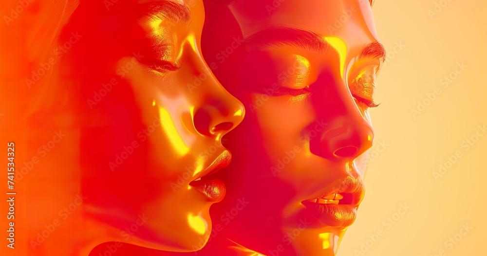 portrait of two young women fashion model on orange neon background, vogue style, nightclub and luxury life concept, desire and temptation burning