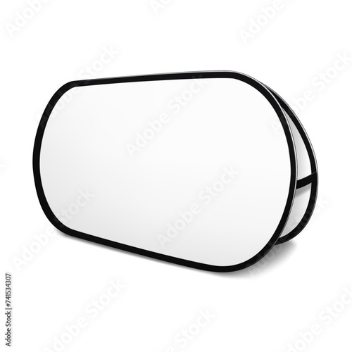 Blank white double-sided pop-up banner realistic vector mockup. Trade show portable promotional display mock-up