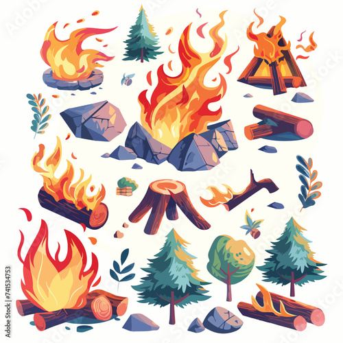 Cartoon campfire. Fire flames bright fireball heat