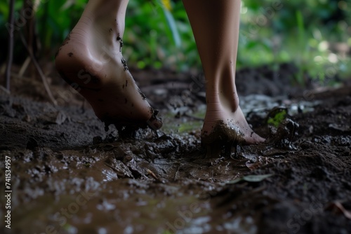 barefoot person stepping into squishy mud