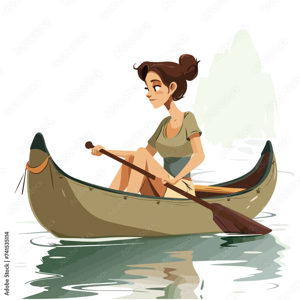 Cartoon woman in canoe on river isolated White background