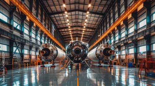 Spacecraft modules being assembled in a high-tech industrial hangar, with focus on precision and engineering.