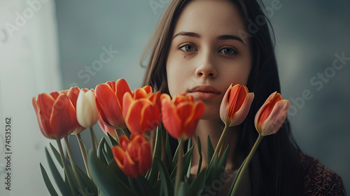 woman holding beautiful fresh pink and yellow tulips bouquet on light pink background.