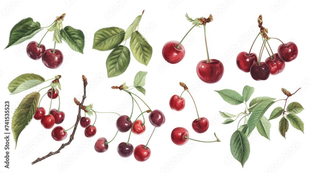 Fresh cherries with leaves scattered on a white background Fresh cherries with leaves scattered on a white background