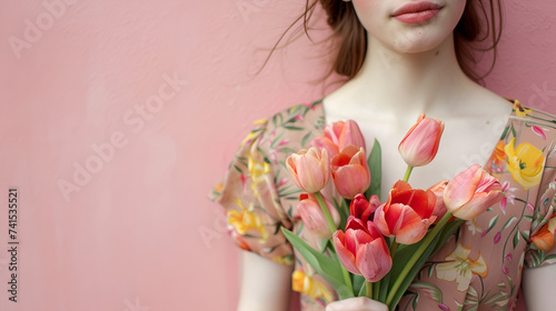 hand holding beautiful fresh pink and yellow tulips bouquet on light pink background.