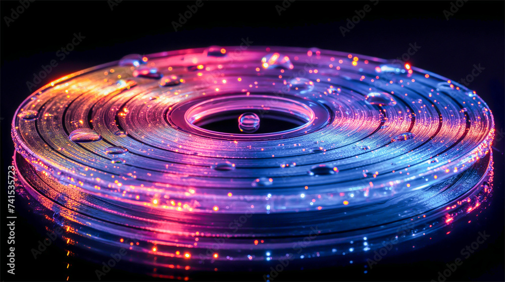Fototapeta premium Sounds disk with a reflected light spectrum and water droplets on it. Sounds editing abstract background, isolated on background