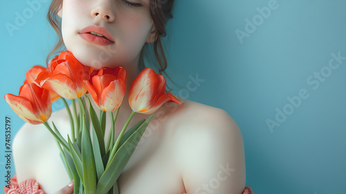 woman holding beautiful fresh pink and yellow tulips bouquet on light blue background.