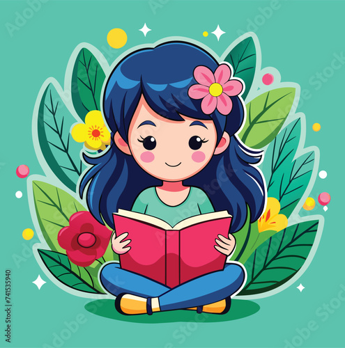 Little girl reading a book surrounded by flowers vector design illustration